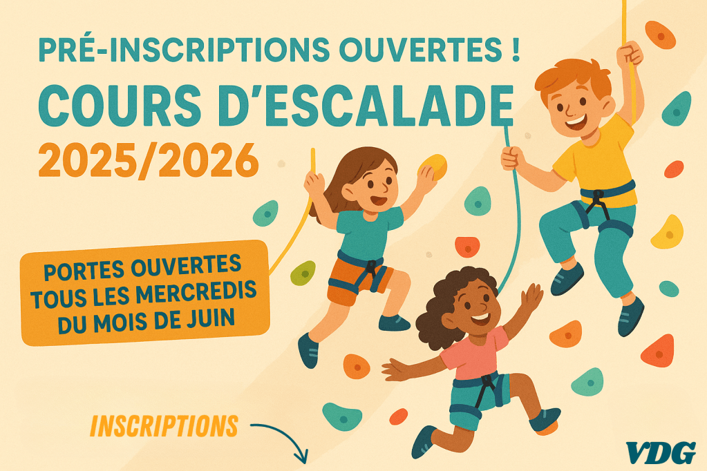 Affiche pré-inscriptions cours d'escalade enfants Val de Grimpe saison 2025-2026